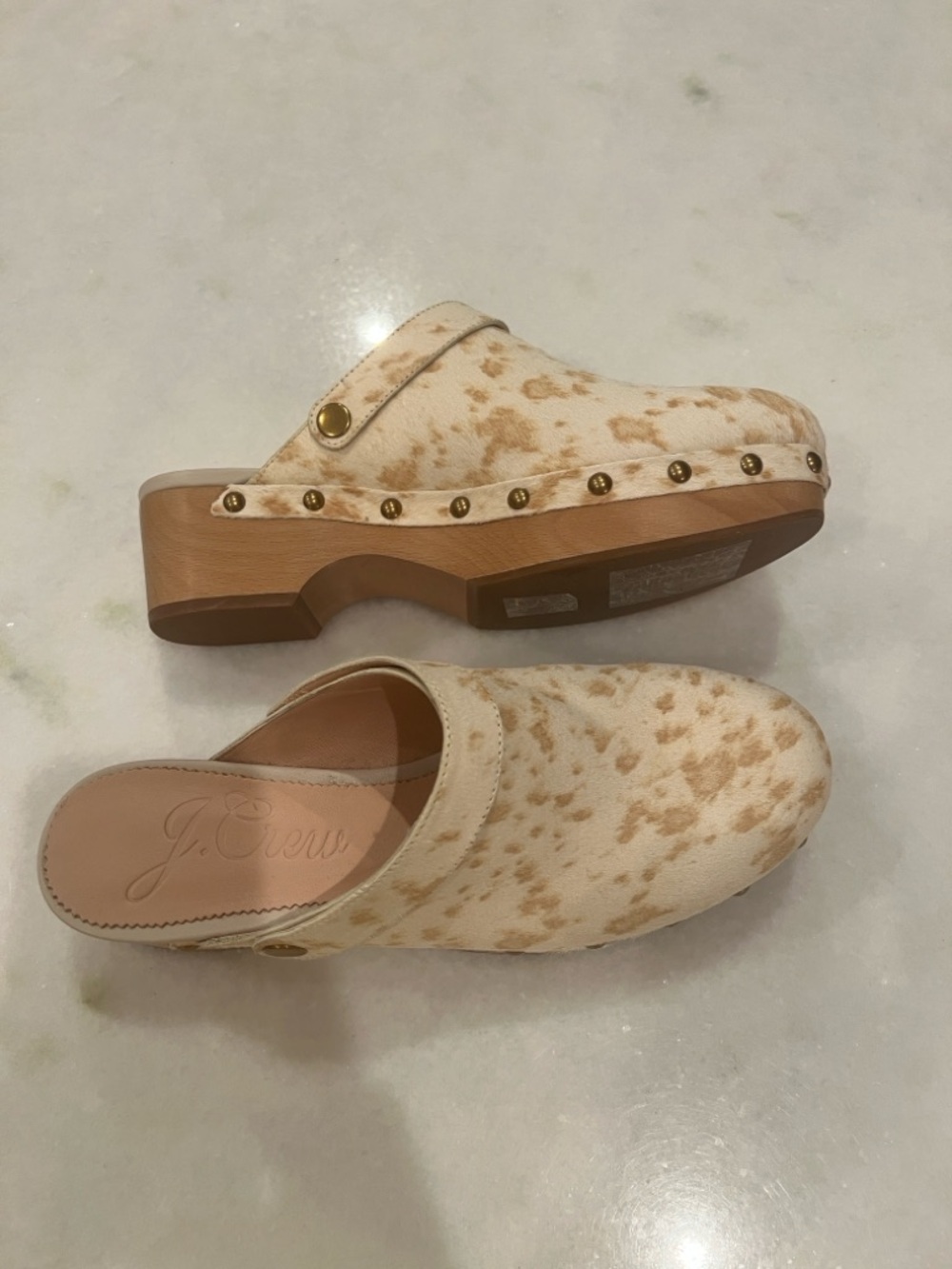 J. Crew Cream and Tan Speckled Calf Hair Clogs